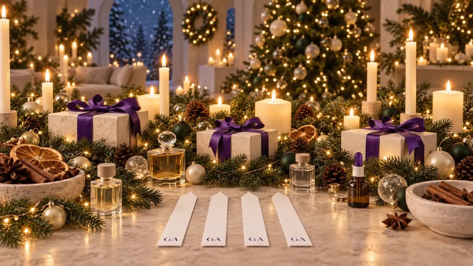 Christmas evening at the perfumer table: fir garland, candles, ivory gift boxes with purple ribbons, dried oranges, cinnamon and GA smelling strips, snow outside
