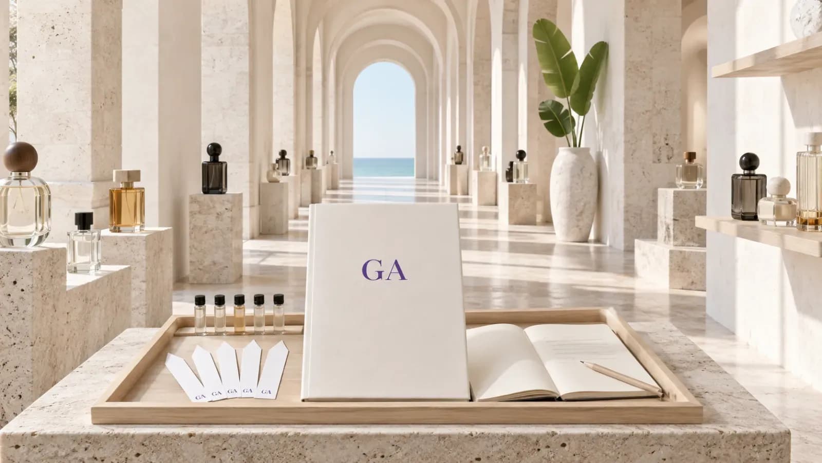 Ivory GrassAccord research report with a purple GA mark on a tray in a limestone arcade lined with niche perfume bottles