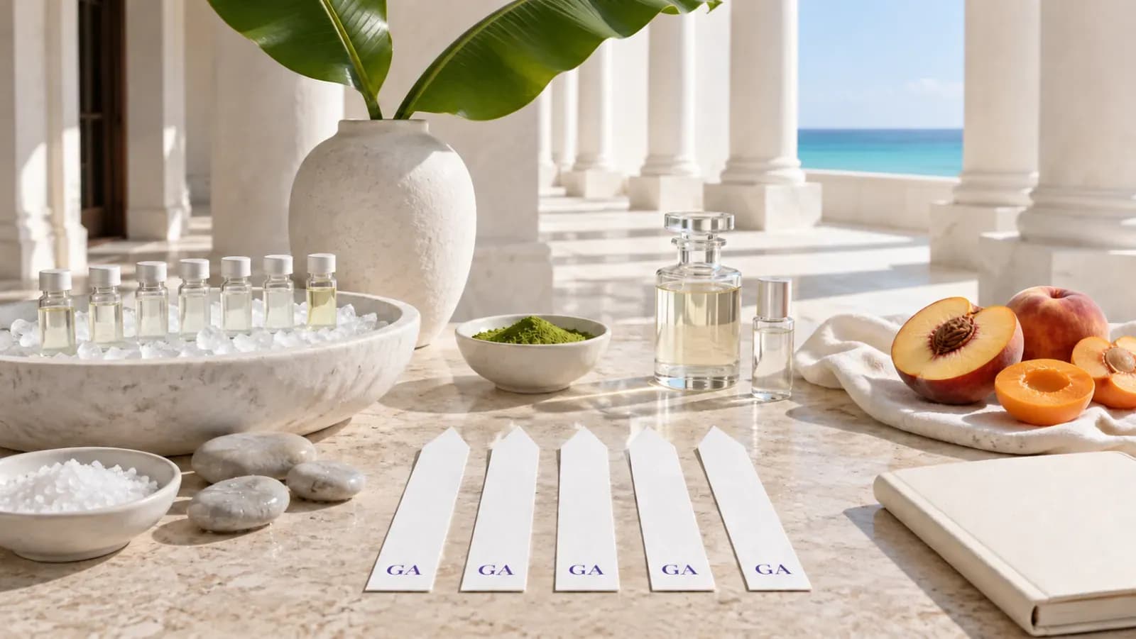 Summer research table on a shaded white colonnade terrace with iced sample vials, sea salt, matcha, peaches and five GA smelling strips