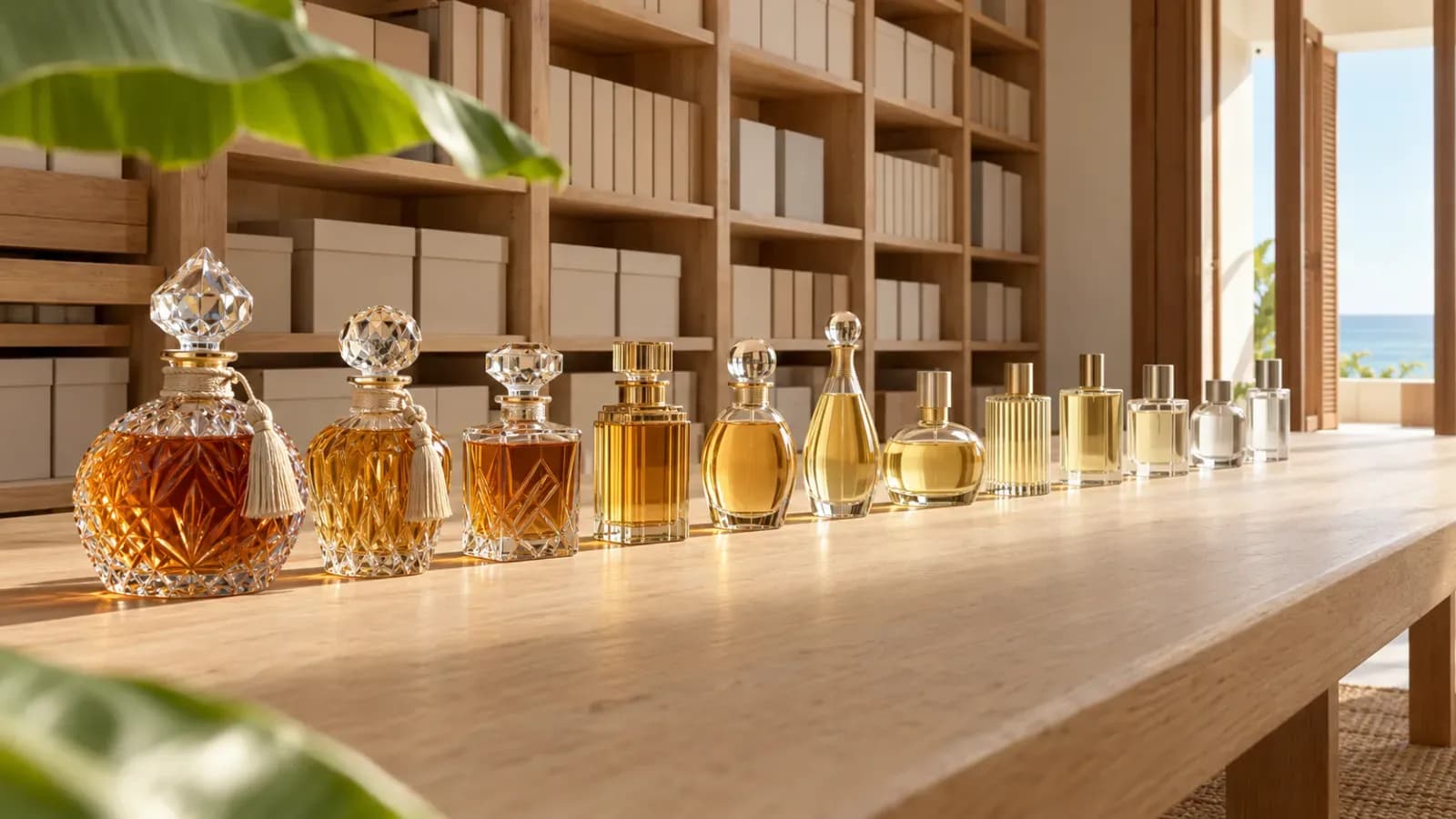 A long oak archive table with a row of unlabeled perfume bottles running from ornate antique crystal flacons to simple modern glass, archive shelves behind and a glimpse of sea