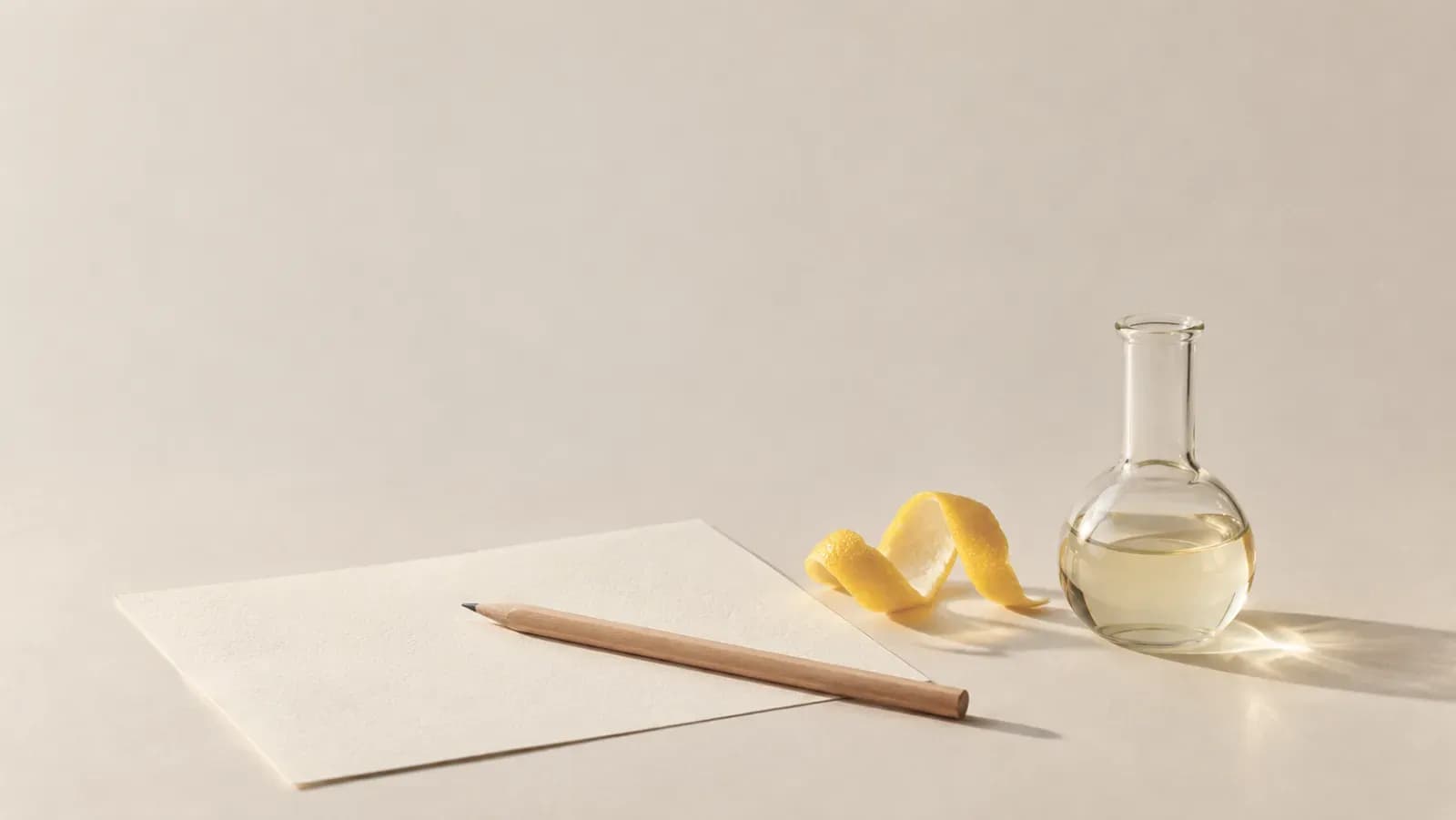 A blank sheet of cream paper with a wooden pencil, a curl of lemon peel and a small round glass flask of pale liquid on an ivory table