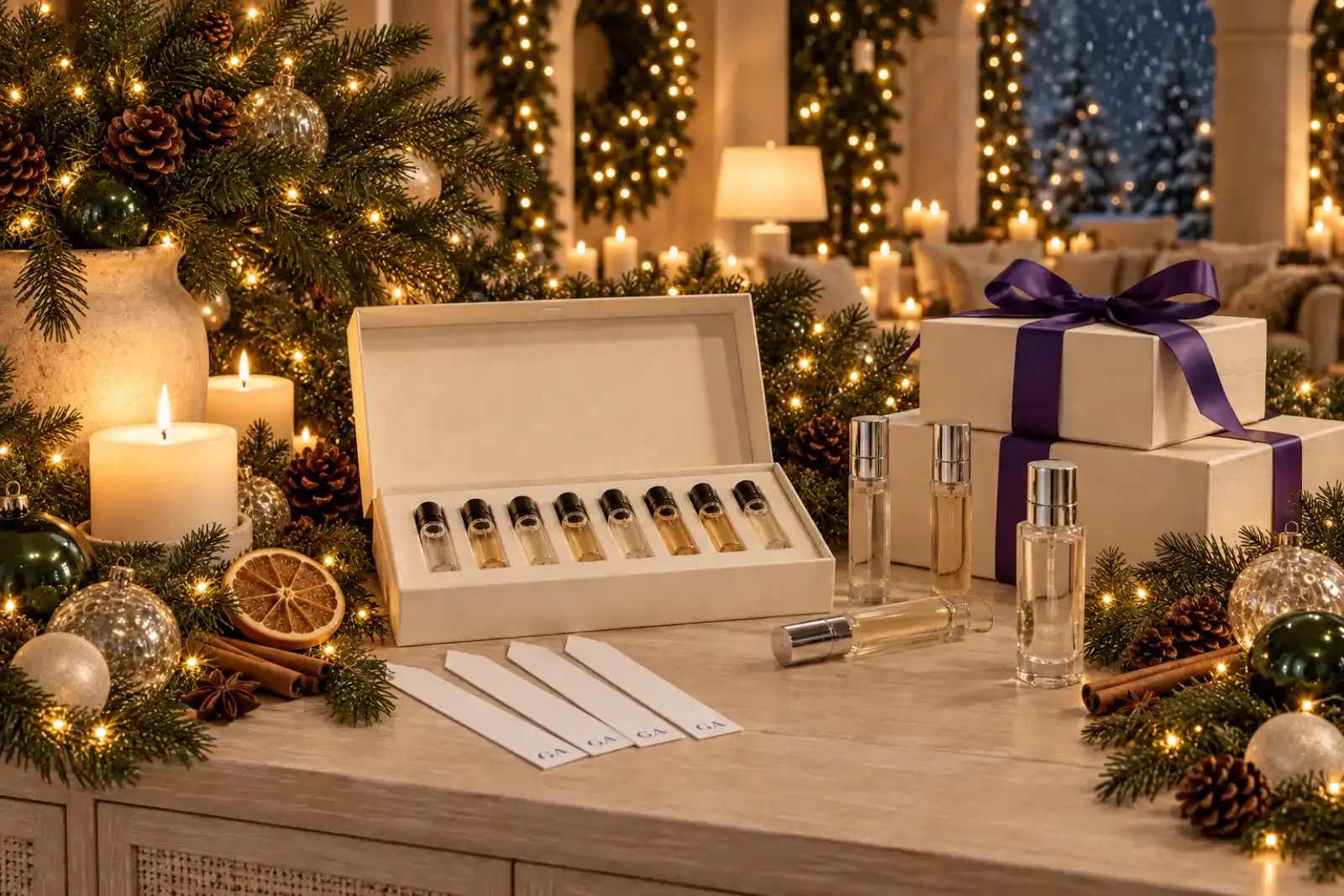 Holiday gift table with a discovery set of mini vials, travel sprays, ivory boxes with purple ribbons, fir and fairy lights