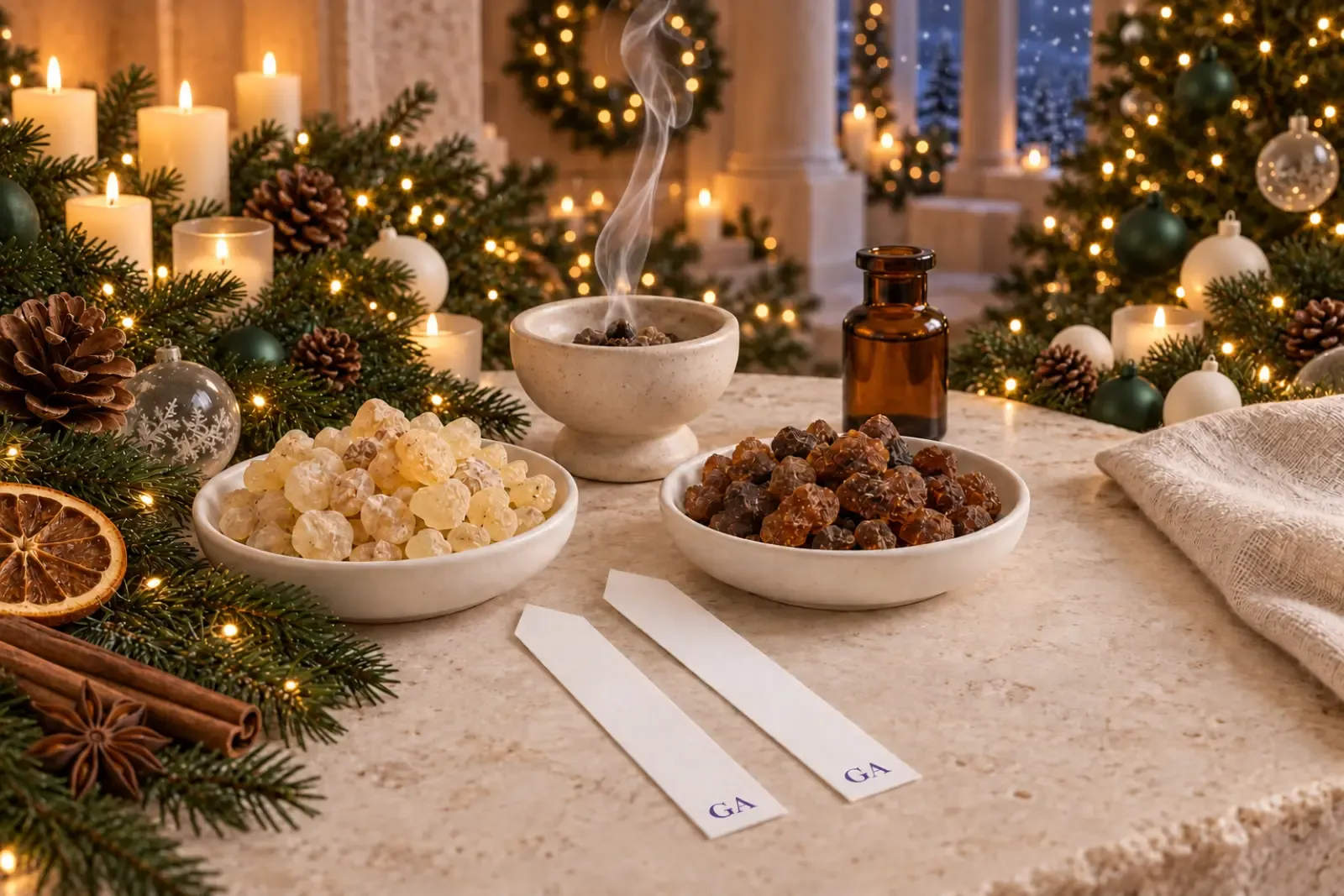 Frankincense and myrrh resins in two white dishes with rising smoke, fir branches, candles and GA smelling strips