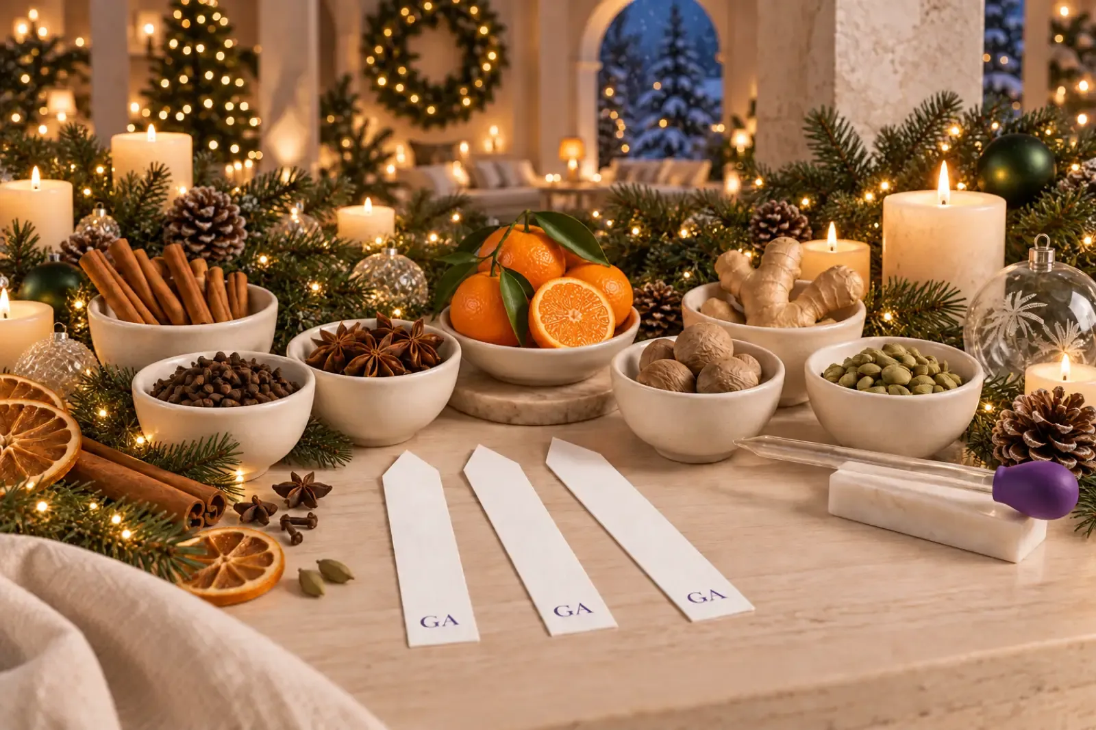 Christmas spice bowls of cinnamon, cloves, star anise, nutmeg, ginger and cardamom with tangerines, GA strips and a purple-bulb pipette