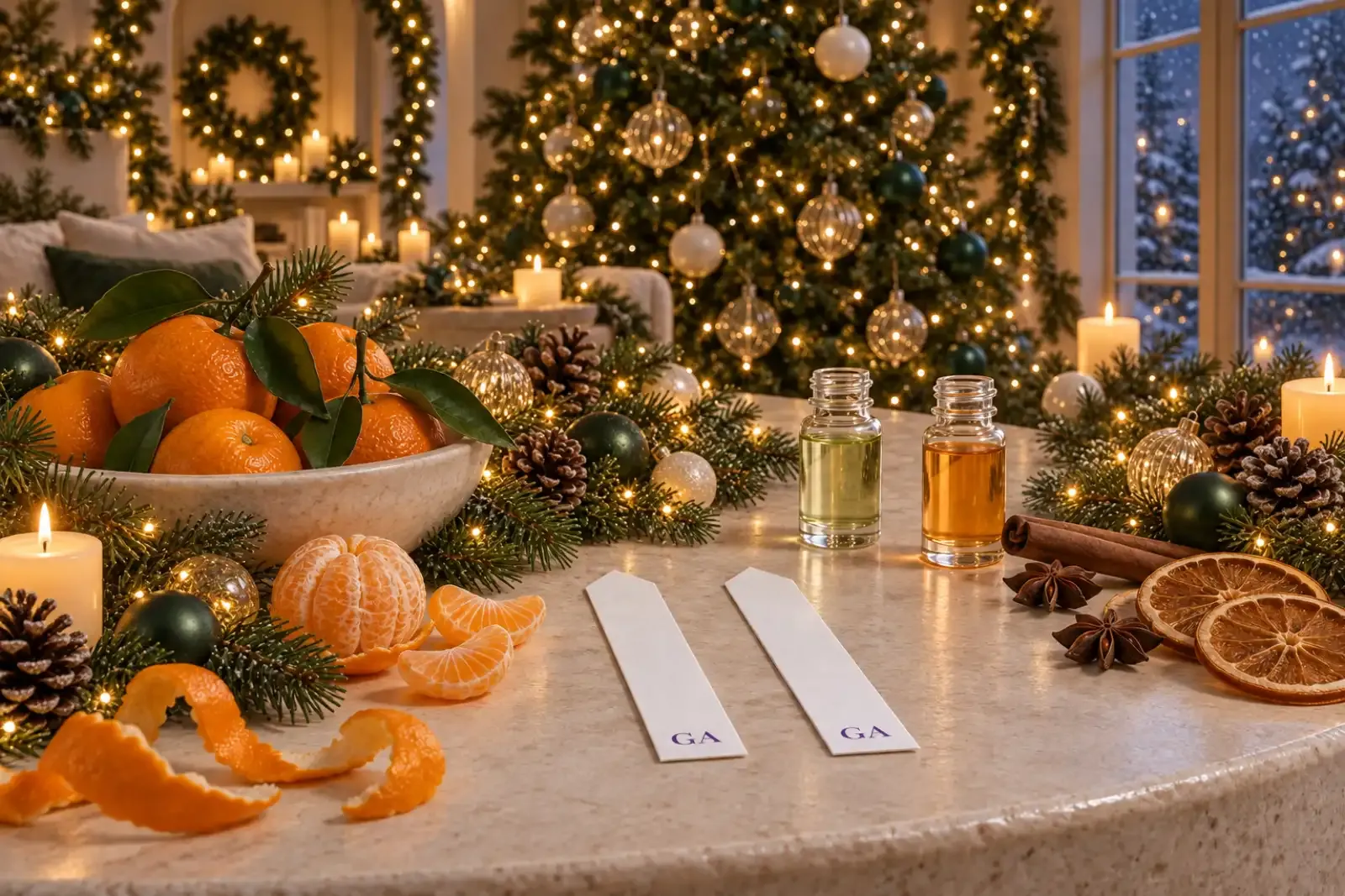 Fir branches, pine cones, tangerines and peel with two essential oil vials and GA smelling strips beside a lit Christmas tree