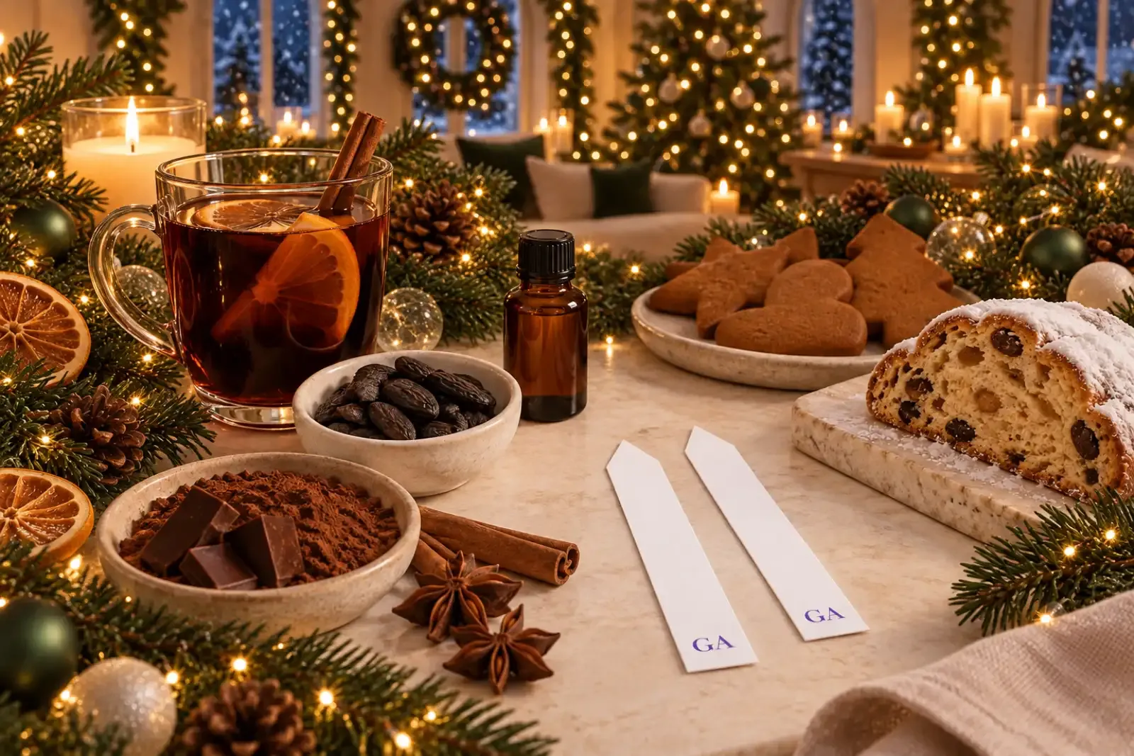 Mulled wine, gingerbread, stollen, vanilla pods, tonka beans and cocoa on a candlelit table with GA smelling strips