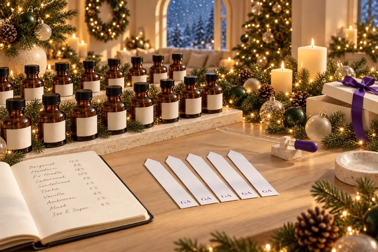 Perfumery bench with amber maceration bottles, a handwritten formula notebook, GA strips, a purple-bulb pipette and Christmas decorations