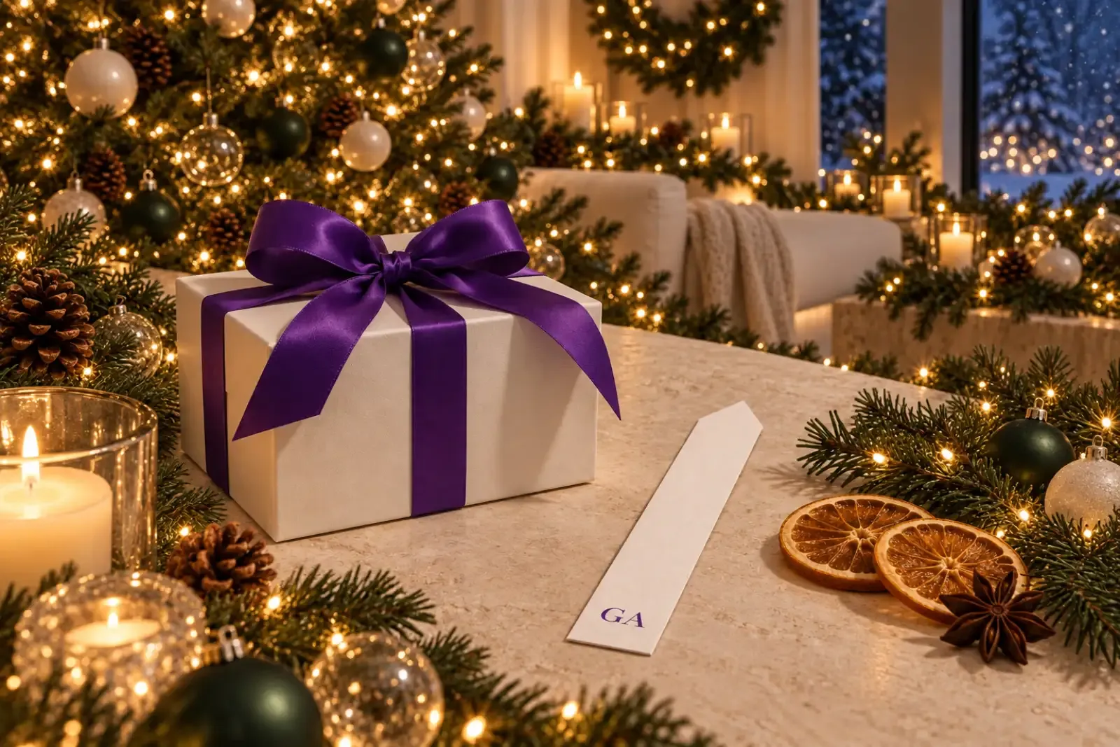 Ivory gift box tied with a purple ribbon beside a GA smelling strip and dried oranges in front of a glowing Christmas tree
