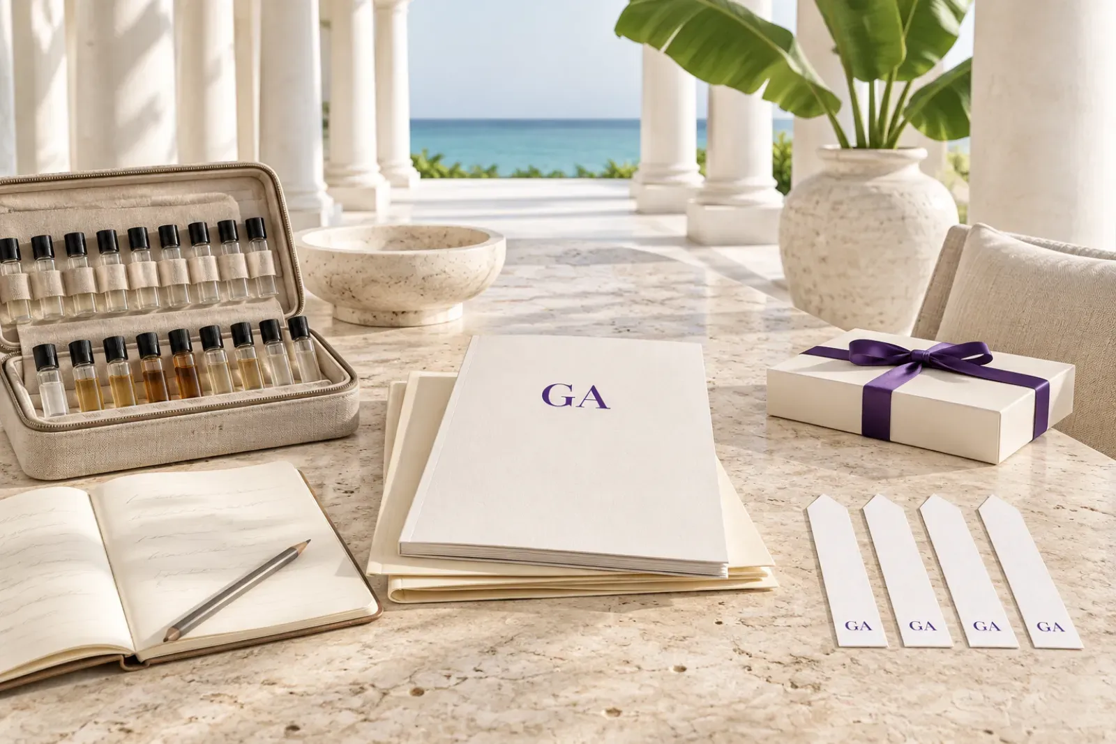 Sample case, GA report and ivory box with a purple ribbon on a mansion terrace overlooking the sea