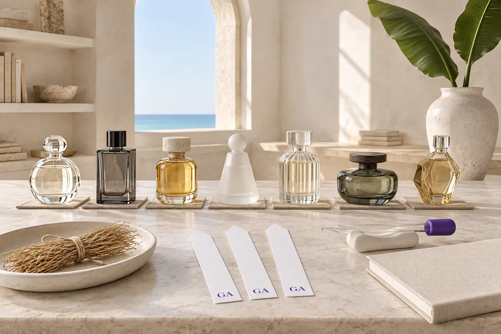 Seven different niche perfume bottles in a row on a limestone bench with vetiver roots, GA smelling strips and a purple-bulb pipette