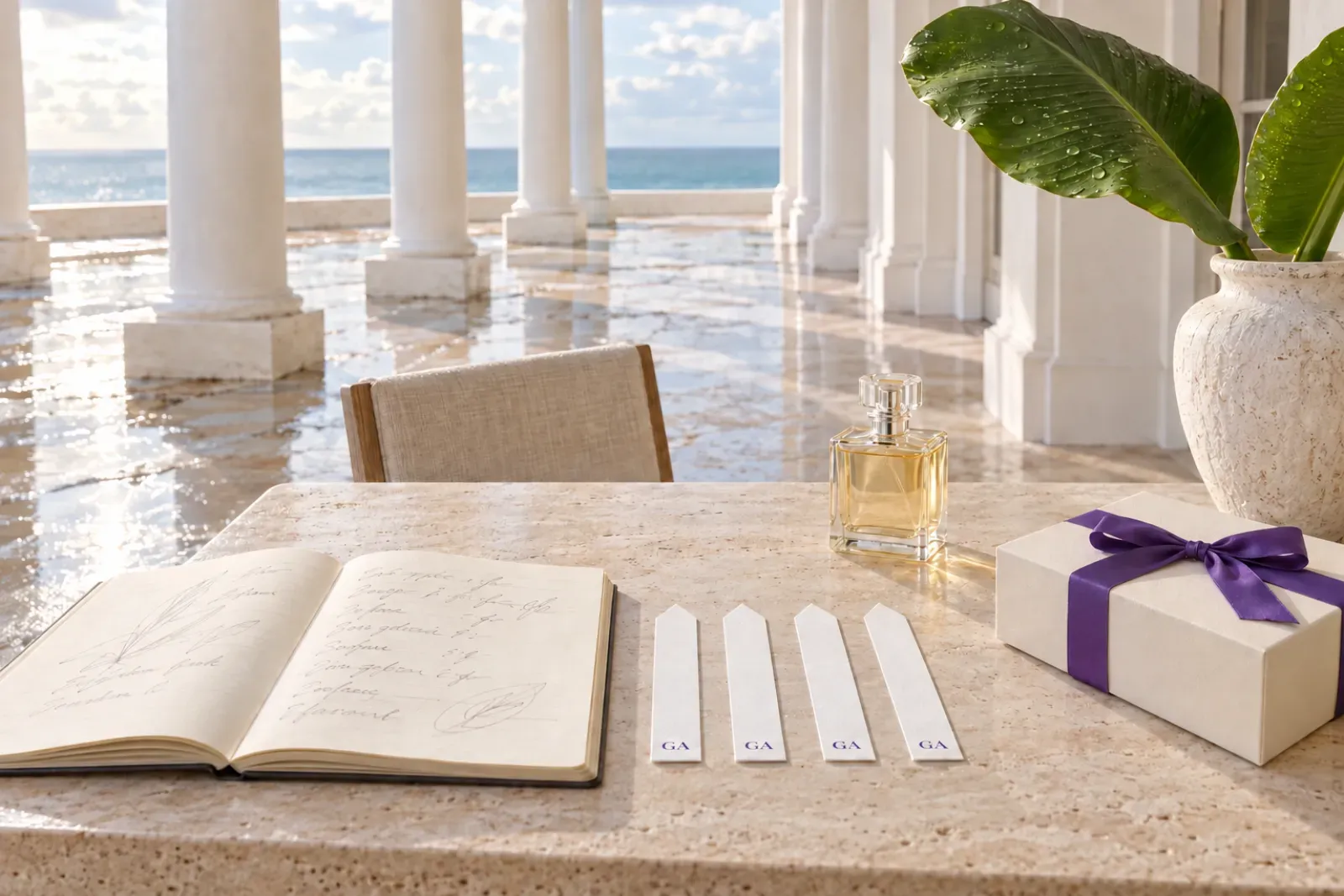 Rain-washed mansion terrace with a perfumer notebook, GA smelling strips and an ivory box tied with a purple ribbon
