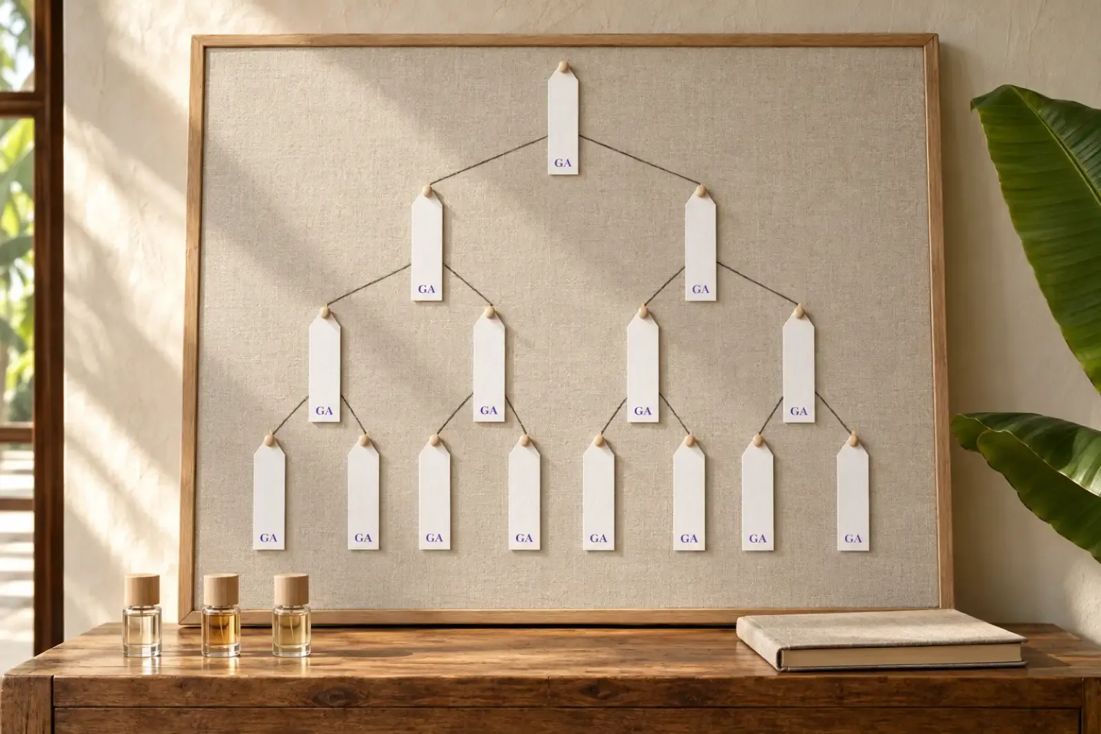 GA smelling strips pinned to a linen board as a branching family tree joined by charcoal lines, three small vials and a notebook below