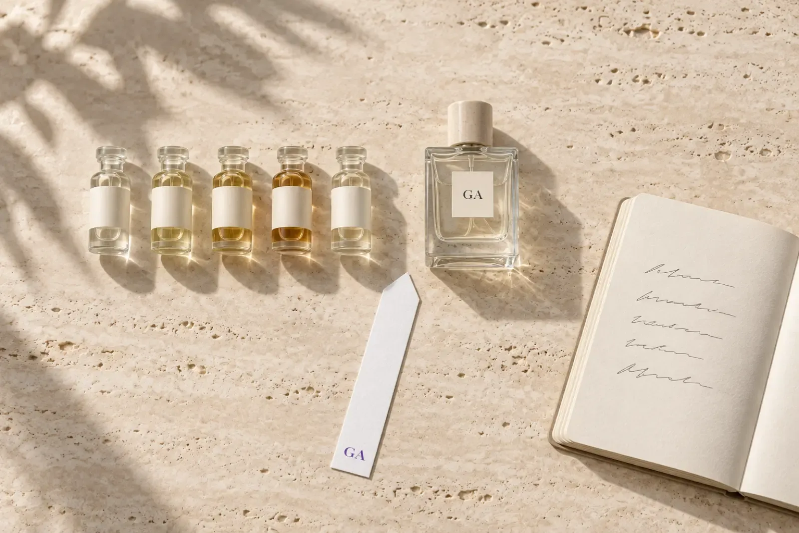 Overhead view of a travertine bench with five raw material vials, one GA bottle, a GA smelling strip and a notebook of handwritten lines
