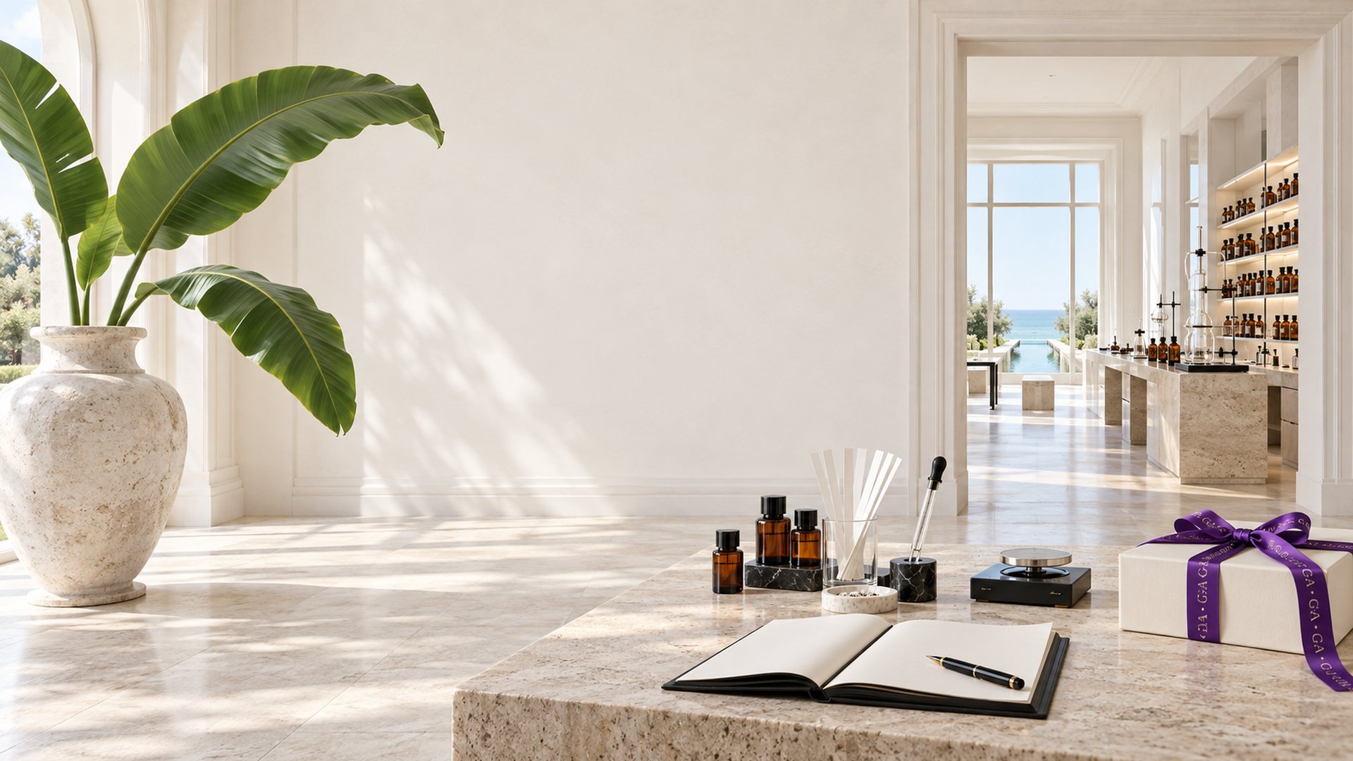 A bright white perfumery maison: a perfumer's working desk with raw materials, a formula ledger and an ivory box tied with a purple ribbon