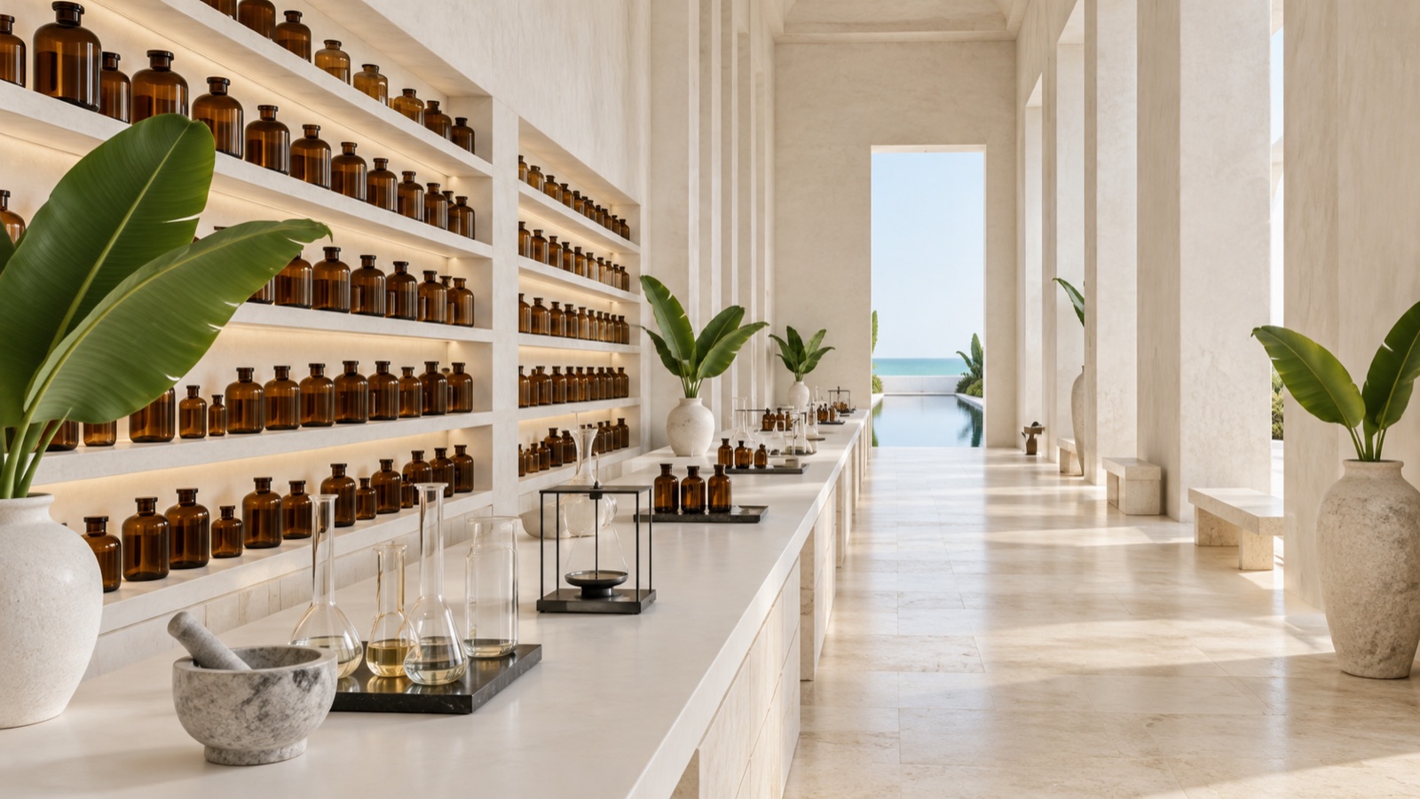 A long white gallery of amber raw material bottles in a bright perfumery maison, a calm sea at the far end